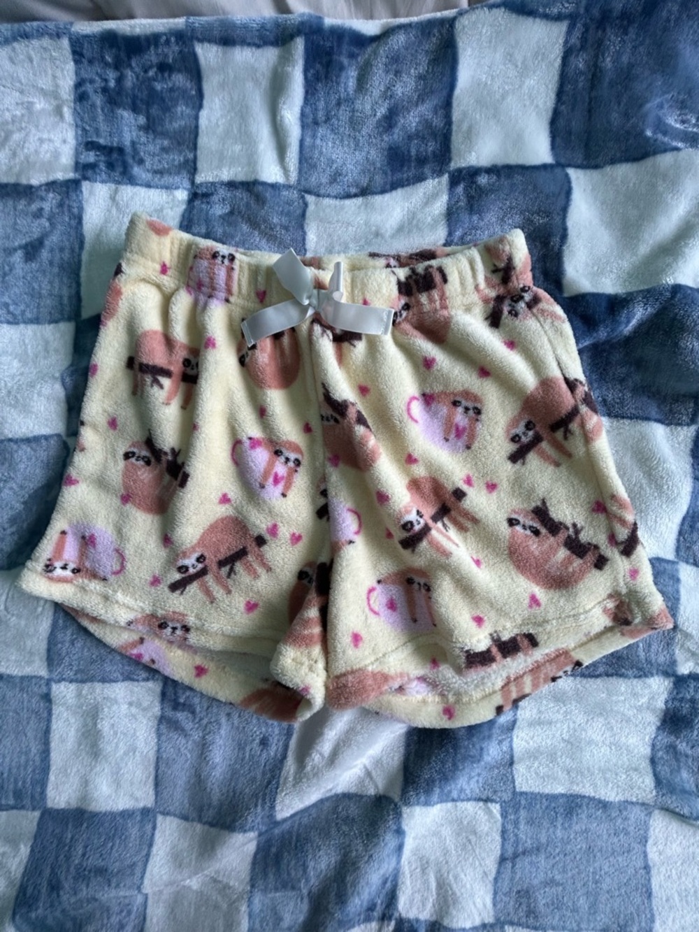 Urban Planet Cream Pink Brown Sloth Print Fleece Pajama Shorts